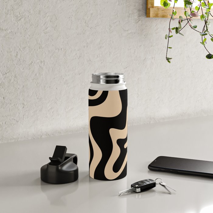 Retro Liquid Swirl Abstract Pattern in Black and Camel Water Bottle Gallery Image 4