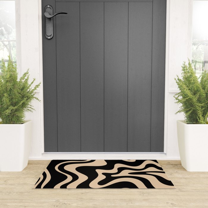 Retro Liquid Swirl Abstract Pattern in Black and Camel Welcome Mat Gallery Image 3