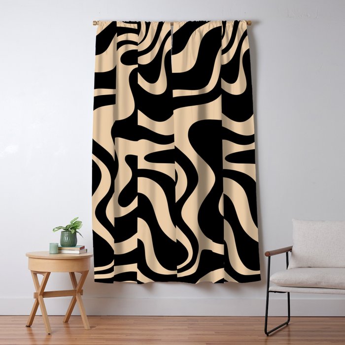 Retro Liquid Swirl Abstract Pattern in Black and Camel Window Curtain Gallery Image 5