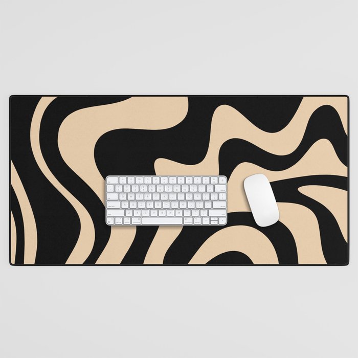 Retro Liquid Swirl Abstract Pattern in Black and Camel Desk Mat Gallery Image 1