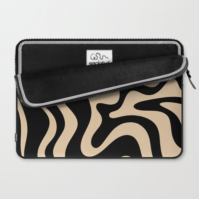 Retro Liquid Swirl Abstract Pattern in Black and Camel Laptop Sleeve Gallery Image 2