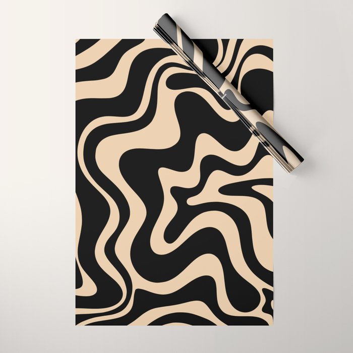Retro Liquid Swirl Abstract Pattern in Black and Camel Wrapping Paper Gallery Image 1