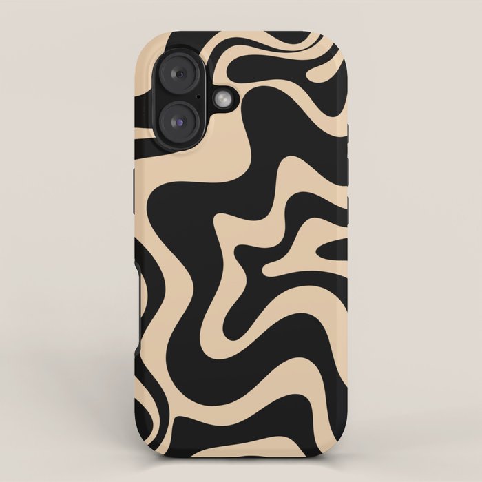 Retro Liquid Swirl Abstract Pattern in Black and Camel iPhone Case Gallery Image 1