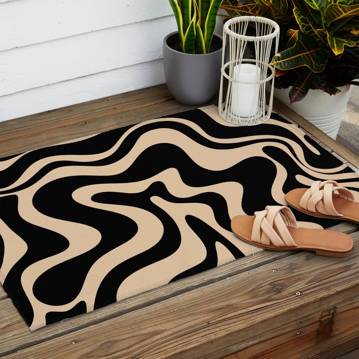 Retro Liquid Swirl Abstract Pattern in Black and Camel Outdoor Rug Gallery Image 2