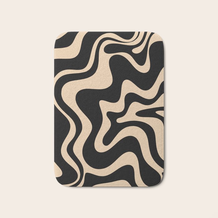 Retro Liquid Swirl Abstract Pattern in Black and Camel Bath Mat Gallery Image 1