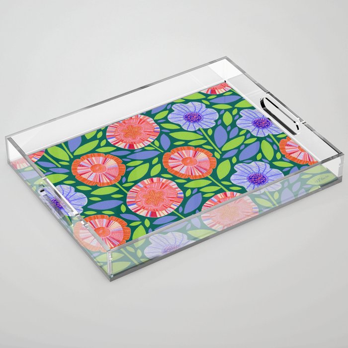 Folk Floral Blossoms in Turquoise Acrylic Tray Gallery Image 1