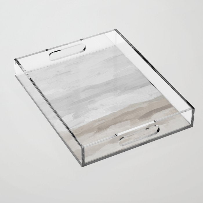 Sands of Time II - Gray Stormy Clouds Beige Sandy Beach Coastal Ocean Abstract Nature Painting Acrylic Tray Gallery Image 1