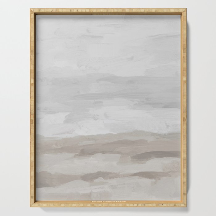 Sands of Time II - Gray Stormy Clouds Beige Sandy Beach Coastal Ocean Abstract Nature Painting Serving Tray Gallery Image 1