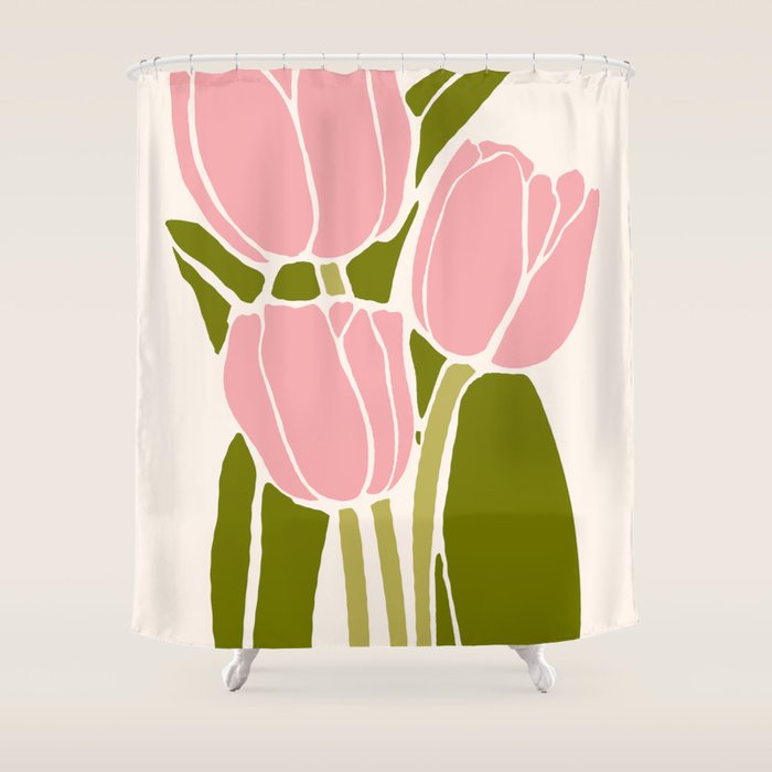 Pink Tulips Retro Flowers Shower Curtain Gallery Image 1