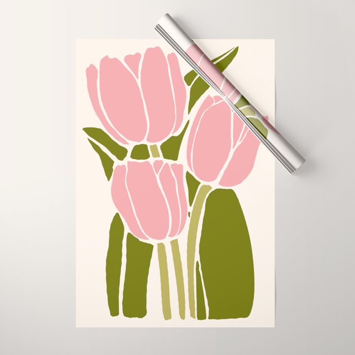 Pink Tulips Retro Flowers Wrapping Paper Gallery Image 1