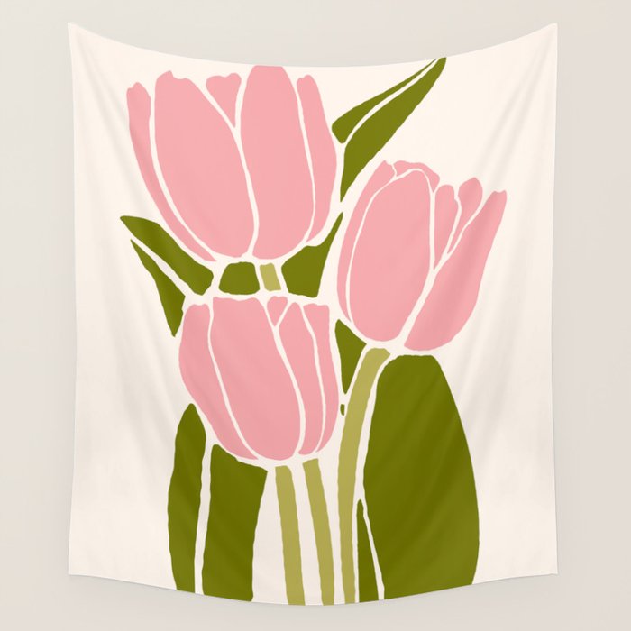 Pink Tulips Retro Flowers Wall Tapestry Gallery Image 1