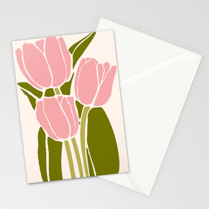 Pink Tulips Retro Flowers Stationery Card Gallery Image 2