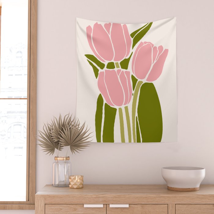 Pink Tulips Retro Flowers Wall Tapestry Gallery Image 2