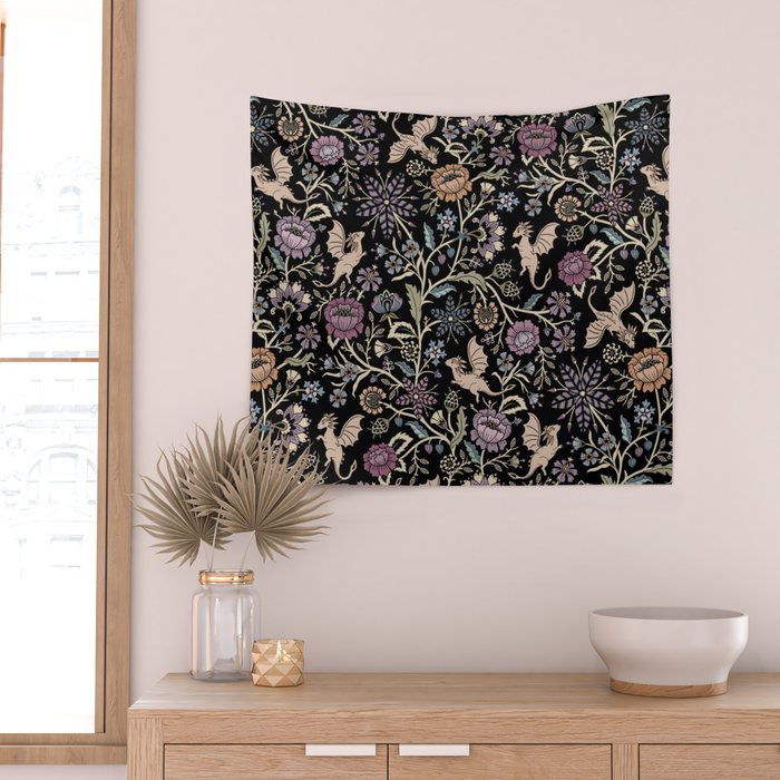 Pollinator Dragons - fantasy, goth floral - muted jewel tones on black Wall Tapestry Gallery Image 2