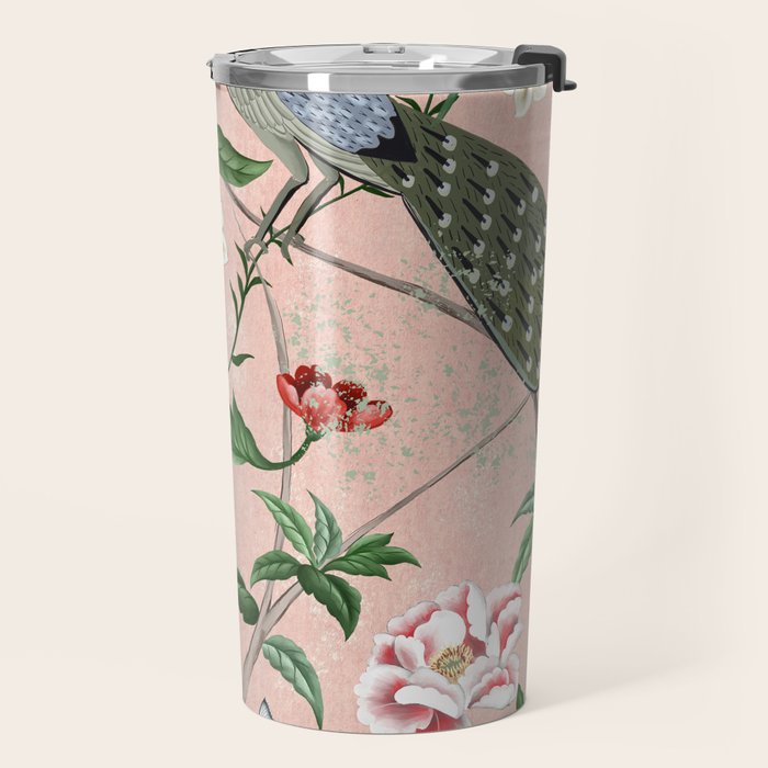Chinoiserie Vintage Pink Peacocks flowers Grandmillennial Travel Mug Gallery Image 2