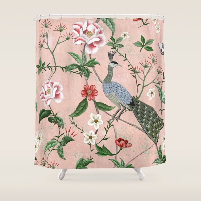 Chinoiserie Vintage Pink Peacocks flowers Grandmillennial Shower Curtain Gallery Image 1
