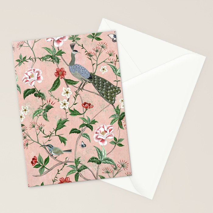 Chinoiserie Vintage Pink Peacocks flowers Grandmillennial Stationery Card Gallery Image 2