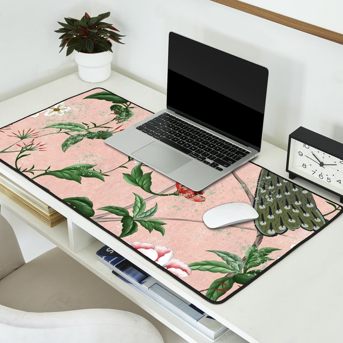 Chinoiserie Vintage Pink Peacocks flowers Grandmillennial Desk Mat Gallery Image 2