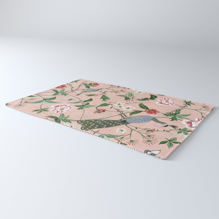 Chinoiserie Vintage Pink Peacocks flowers Grandmillennial Rug Gallery Image 3