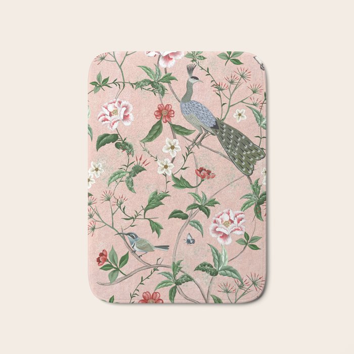 Chinoiserie Vintage Pink Peacocks flowers Grandmillennial Bath Mat Gallery Image 1