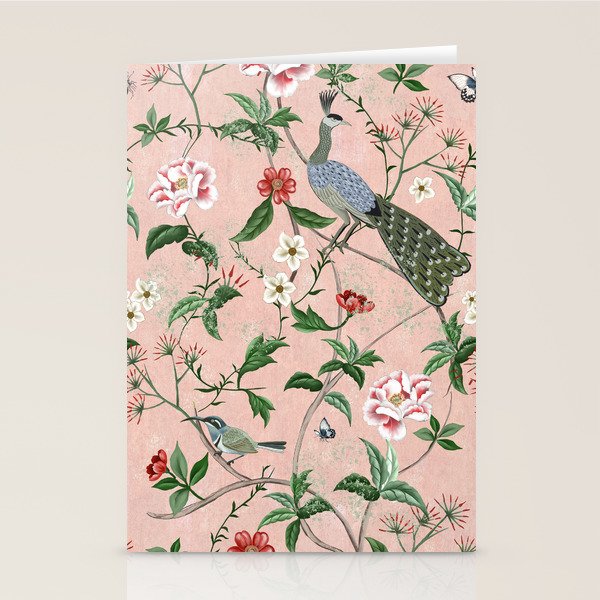 Chinoiserie Vintage Pink Peacocks flowers Grandmillennial Stationery Card Gallery Image 2