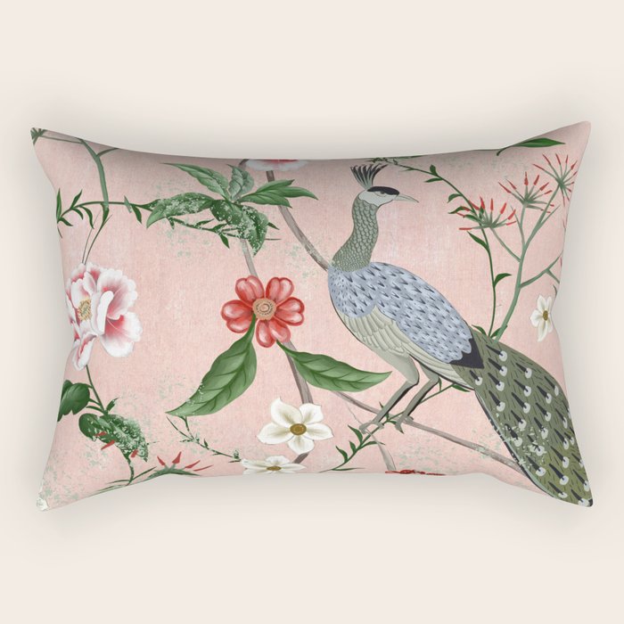 Chinoiserie Vintage Pink Peacocks flowers Grandmillennial Rectangular Pillow Gallery Image 2
