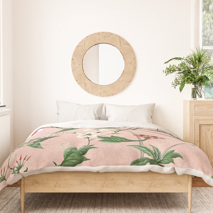 Chinoiserie Vintage Pink Peacocks flowers Grandmillennial Duvet Cover Gallery Image 3
