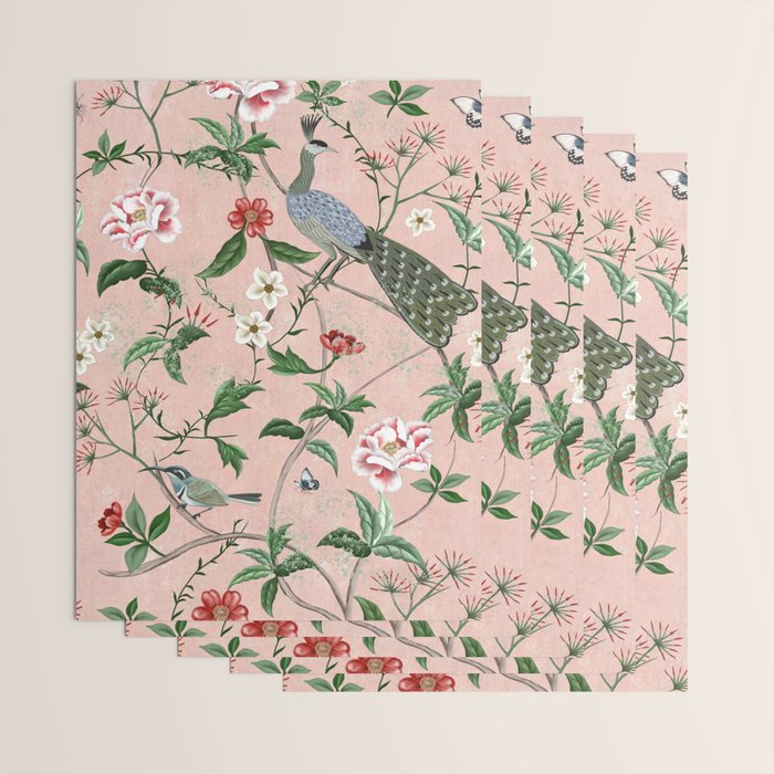 Chinoiserie Vintage Pink Peacocks flowers Grandmillennial Wrapping Paper Gallery Image 3