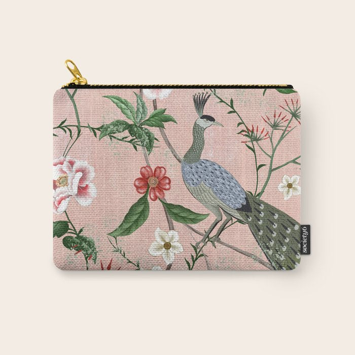 Chinoiserie Vintage Pink Peacocks flowers Grandmillennial Carry All Pouch Gallery Image 1