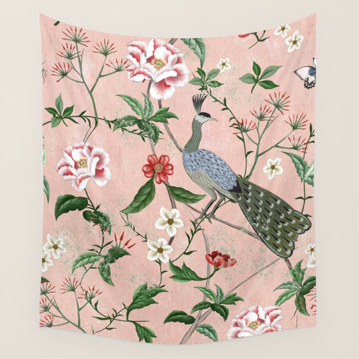 Chinoiserie Vintage Pink Peacocks flowers Grandmillennial Wall Tapestry Gallery Image 4