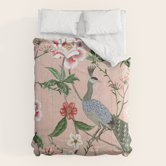 Chinoiserie Vintage Pink Peacocks flowers Grandmillennial Comforter Gallery Image 6