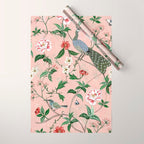 Chinoiserie Vintage Pink Peacocks flowers Grandmillennial Wrapping Paper Gallery Image 1