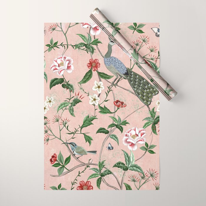Chinoiserie Vintage Pink Peacocks flowers Grandmillennial Wrapping Paper Gallery Image 1