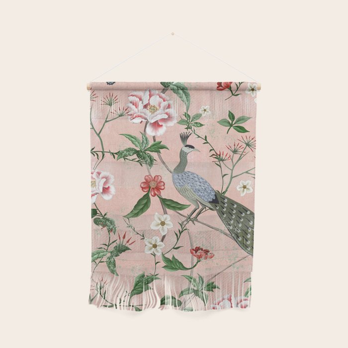 Chinoiserie Vintage Pink Peacocks flowers Grandmillennial Wall Hanging