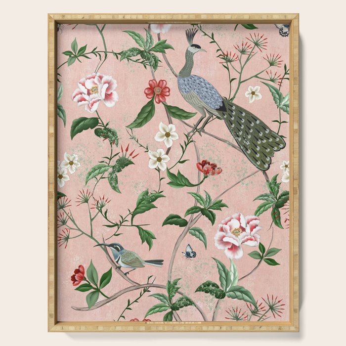 Chinoiserie Vintage Pink Peacocks flowers Grandmillennial Serving Tray Gallery Image 1