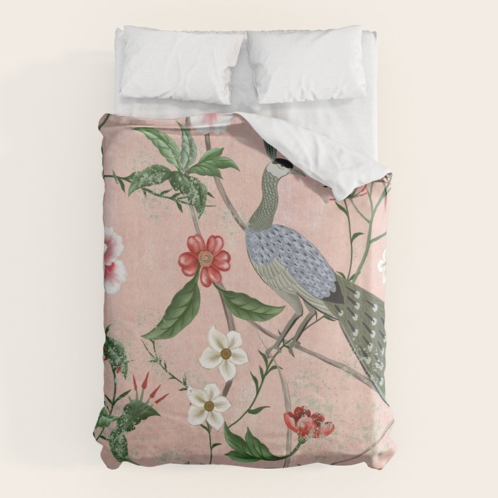 Chinoiserie Vintage Pink Peacocks flowers Grandmillennial Duvet Cover Gallery Image 6