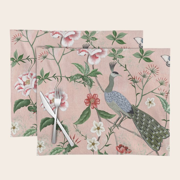 Chinoiserie Vintage Pink Peacocks flowers Grandmillennial Placemat Gallery Image 1