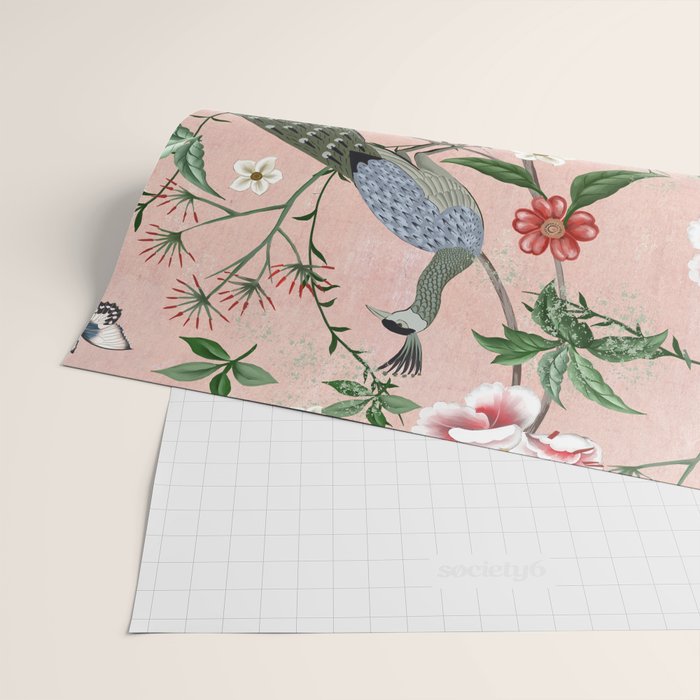 Chinoiserie Vintage Pink Peacocks flowers Grandmillennial Wrapping Paper Gallery Image 2