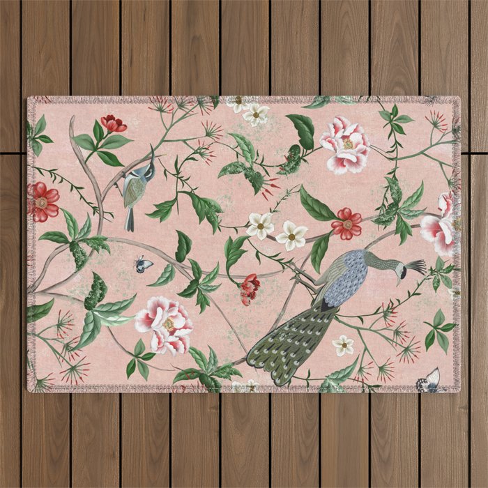 Chinoiserie Vintage Pink Peacocks flowers Grandmillennial Outdoor Rug Gallery Image 1