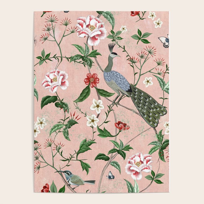 Chinoiserie Vintage Pink Peacocks flowers Grandmillennial Poster Gallery Image 4