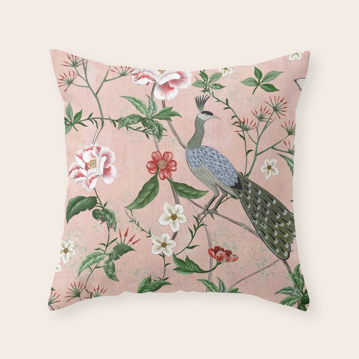 Chinoiserie Vintage Pink Peacocks flowers Grandmillennial Throw Pillow Gallery Image 1