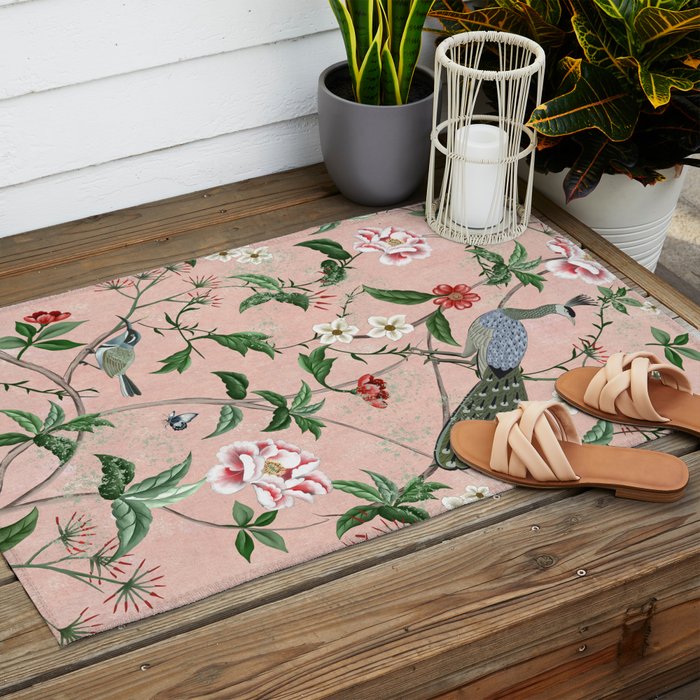 Chinoiserie Vintage Pink Peacocks flowers Grandmillennial Outdoor Rug Gallery Image 2