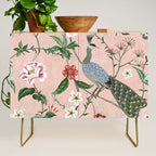 Chinoiserie Vintage Pink Peacocks flowers Grandmillennial Credenza Gallery Image 1