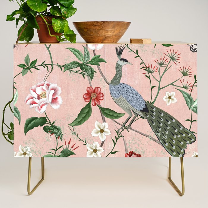 Chinoiserie Vintage Pink Peacocks flowers Grandmillennial Credenza Gallery Image 1