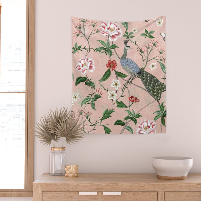 Chinoiserie Vintage Pink Peacocks flowers Grandmillennial Wall Tapestry Gallery Image 2