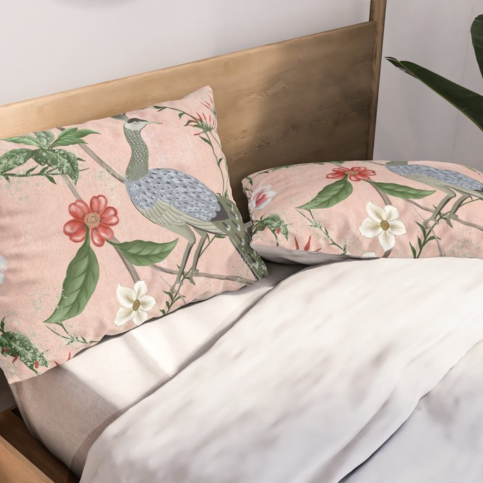 Chinoiserie Vintage Pink Peacocks flowers Grandmillennial Pillow Sham Gallery Image 2