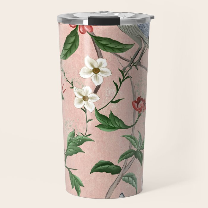 Chinoiserie Vintage Pink Peacocks flowers Grandmillennial Travel Mug