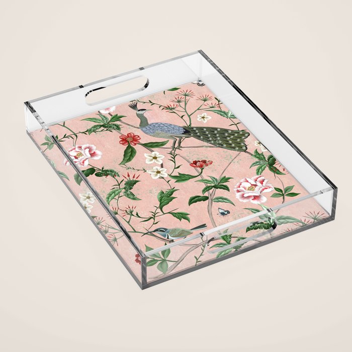 Chinoiserie Vintage Pink Peacocks flowers Grandmillennial Acrylic Tray Gallery Image 1