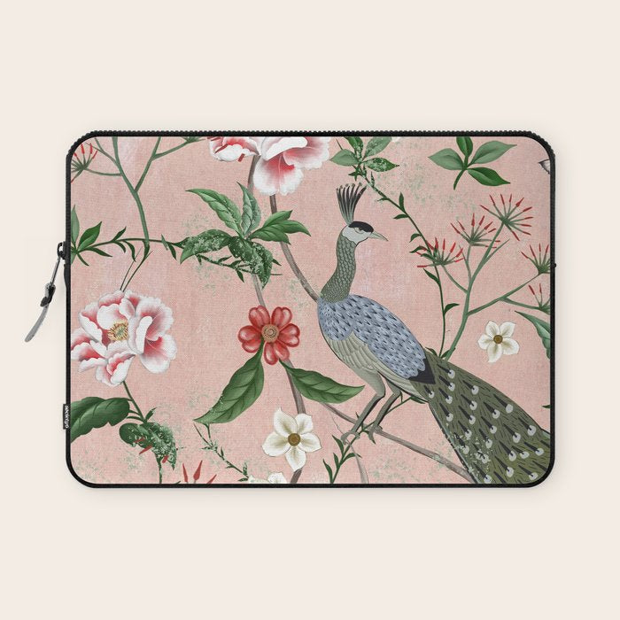 Chinoiserie Vintage Pink Peacocks flowers Grandmillennial Laptop Sleeve Gallery Image 1