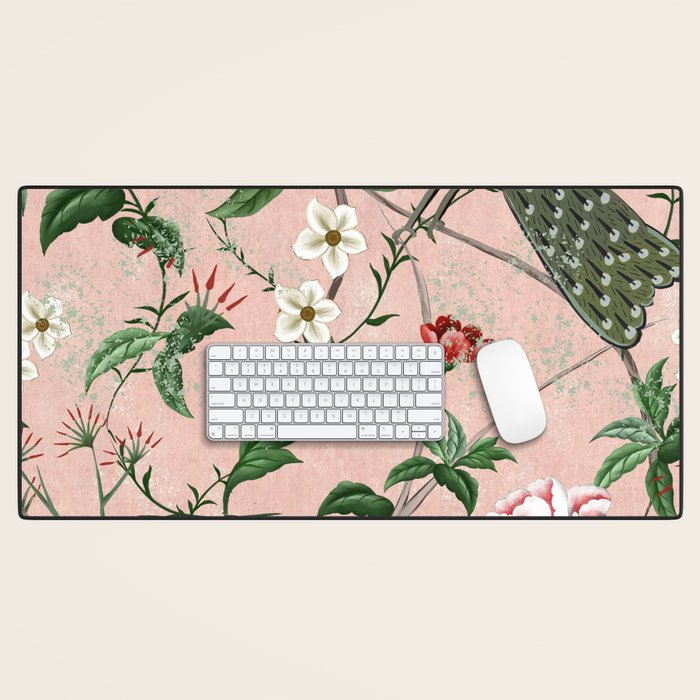 Chinoiserie Vintage Pink Peacocks flowers Grandmillennial Desk Mat Gallery Image 1